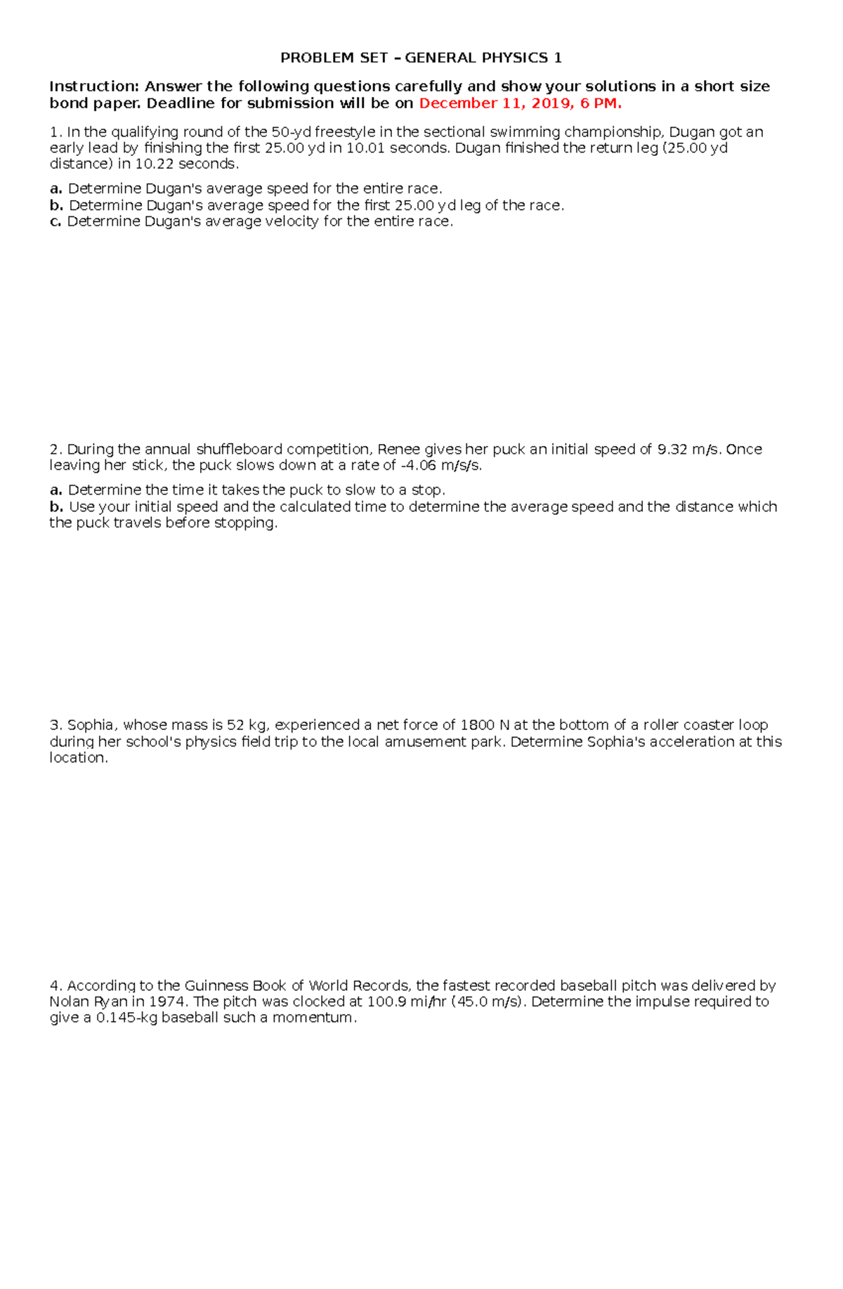 Problem Set In Kinematics - PROBLEM SET – GENERAL PHYSICS 1 Instruction ...