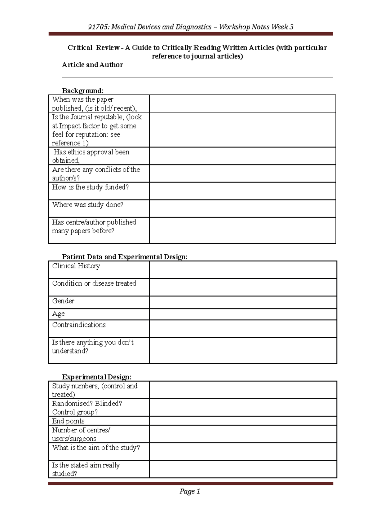 Appraisal Form - Assessment Task - 91705: Medical Devices And 