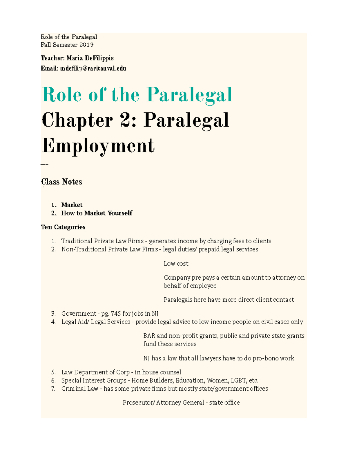 Class Notes Ch 2 - Paralegal Employment - Role Of The Paralegal Fall ...