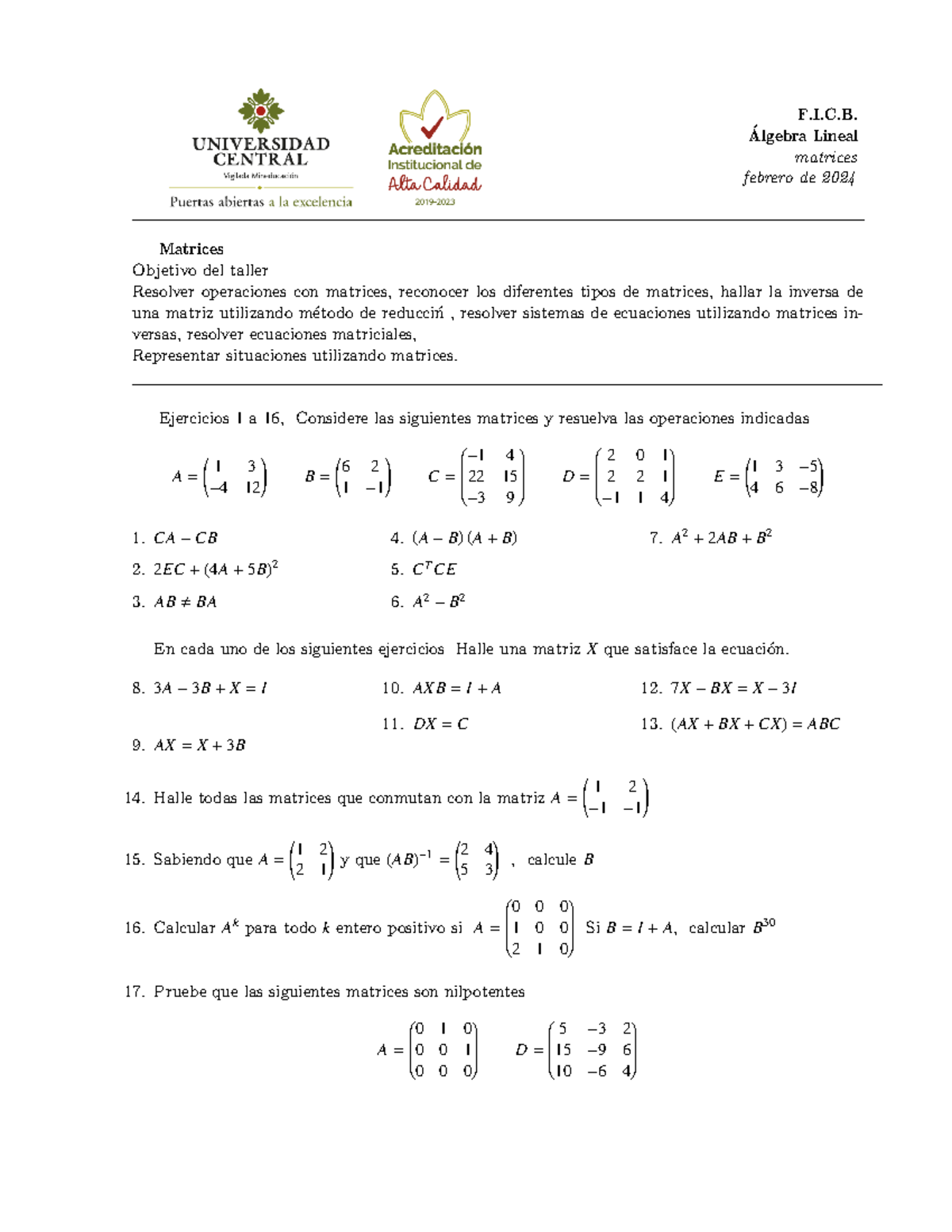 Taller 2 Alineal Assadasdfagf Dsaf Fic ́ Algebra Lineal Matrices Febrero De 2024 Matrices 7607