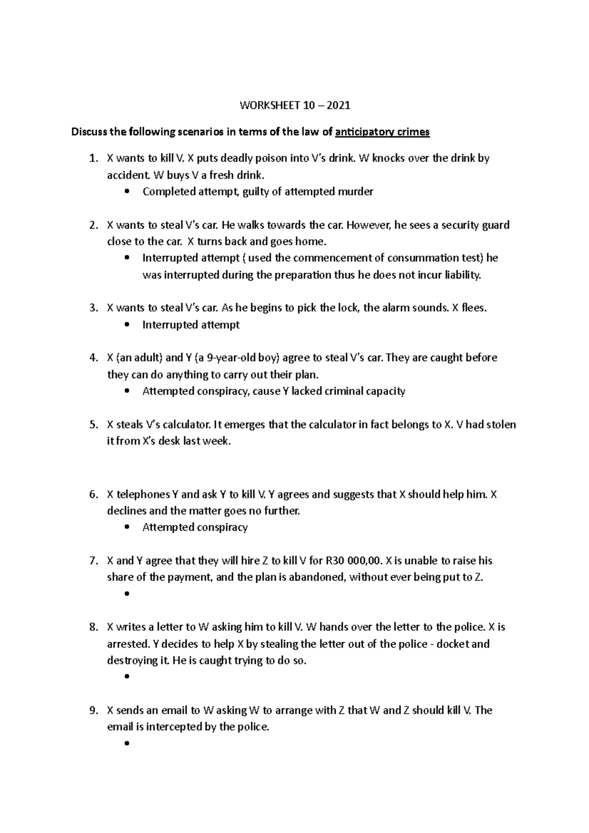 CRIM Worksheets criminal law exam notes WORKSHEET 10 2021 Discuss the following scenarios