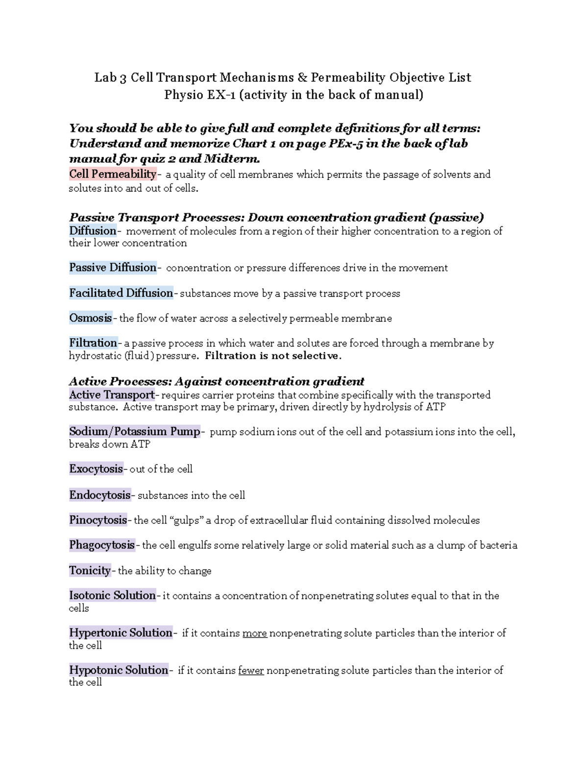 Lab 22 Cell Transport Mechanisms & Permeability Objective List Inside 7 3 Cell Transport Worksheet Answers%