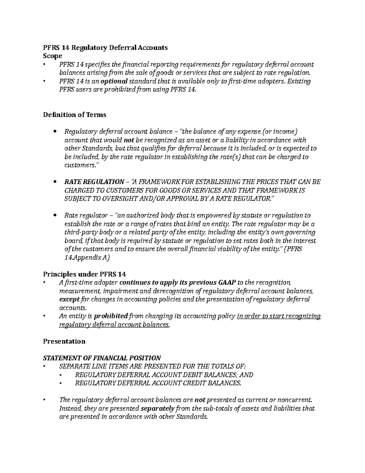 Reviewer PFRS 14 Regulatory Deferral Accounts PFRS 14 Regulatory