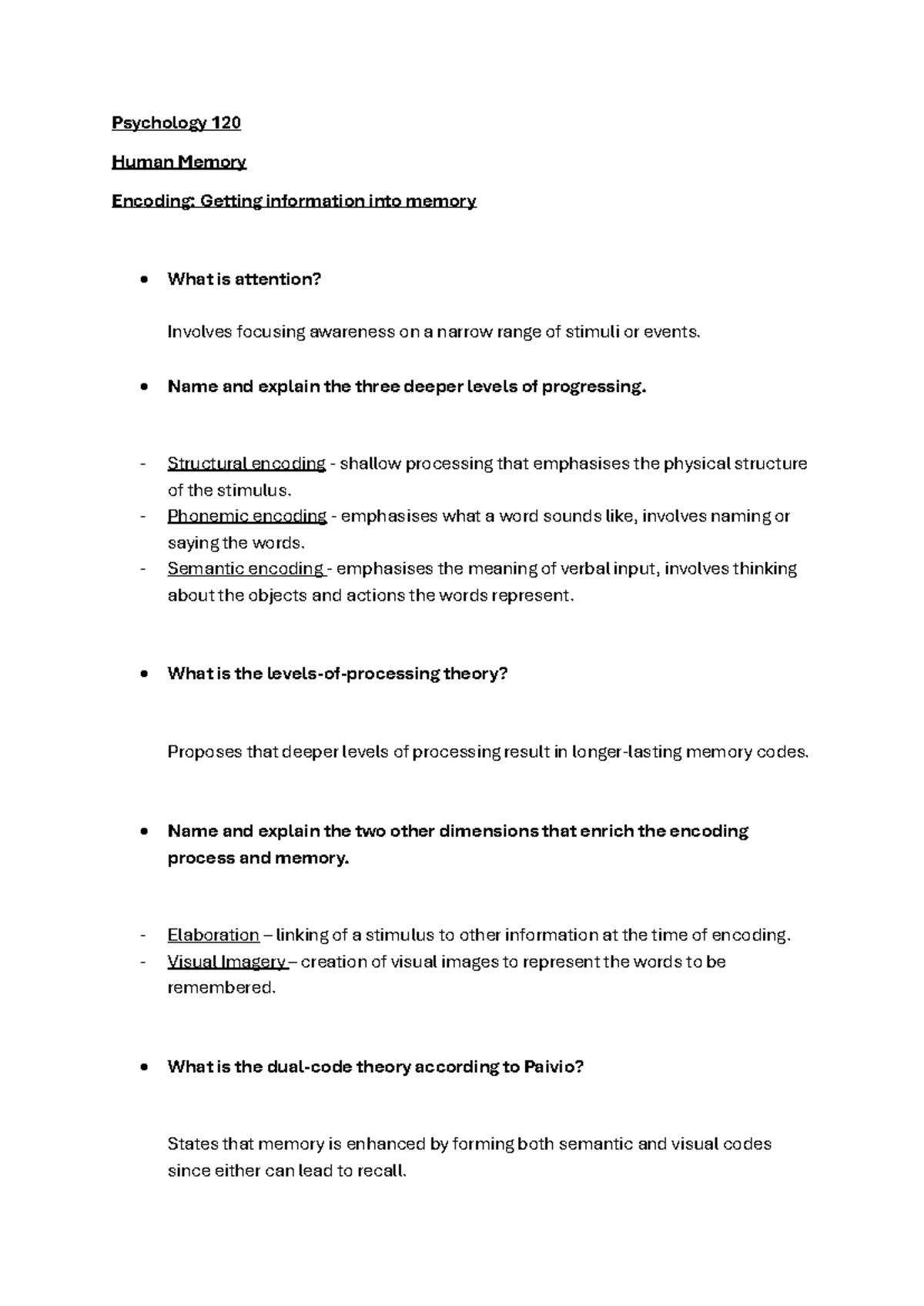 Human Memory - Encoding - Psychology 120 Human Memory Encoding: Getting ...
