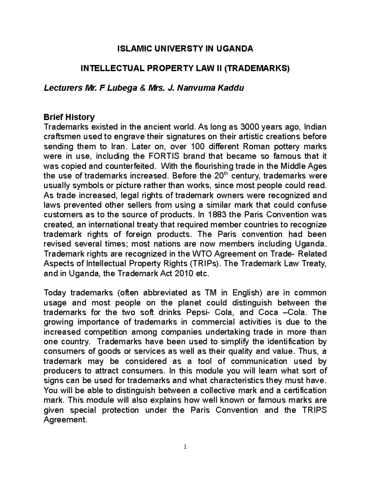 Intellectual property law notes ISLAMIC UNIVERSTY IN UGANDA