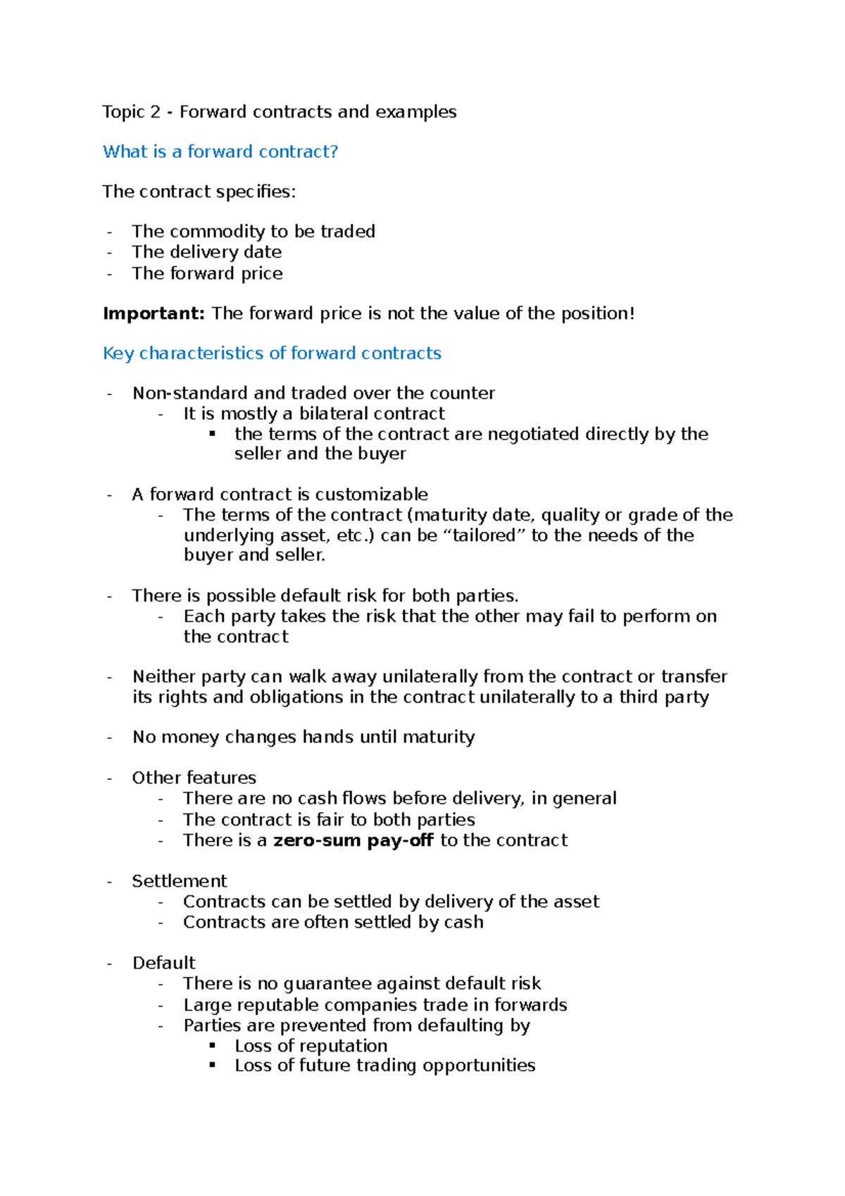 Topic 2 - Notes on Forward Contracts - Topic 2 - Forward contracts and ...