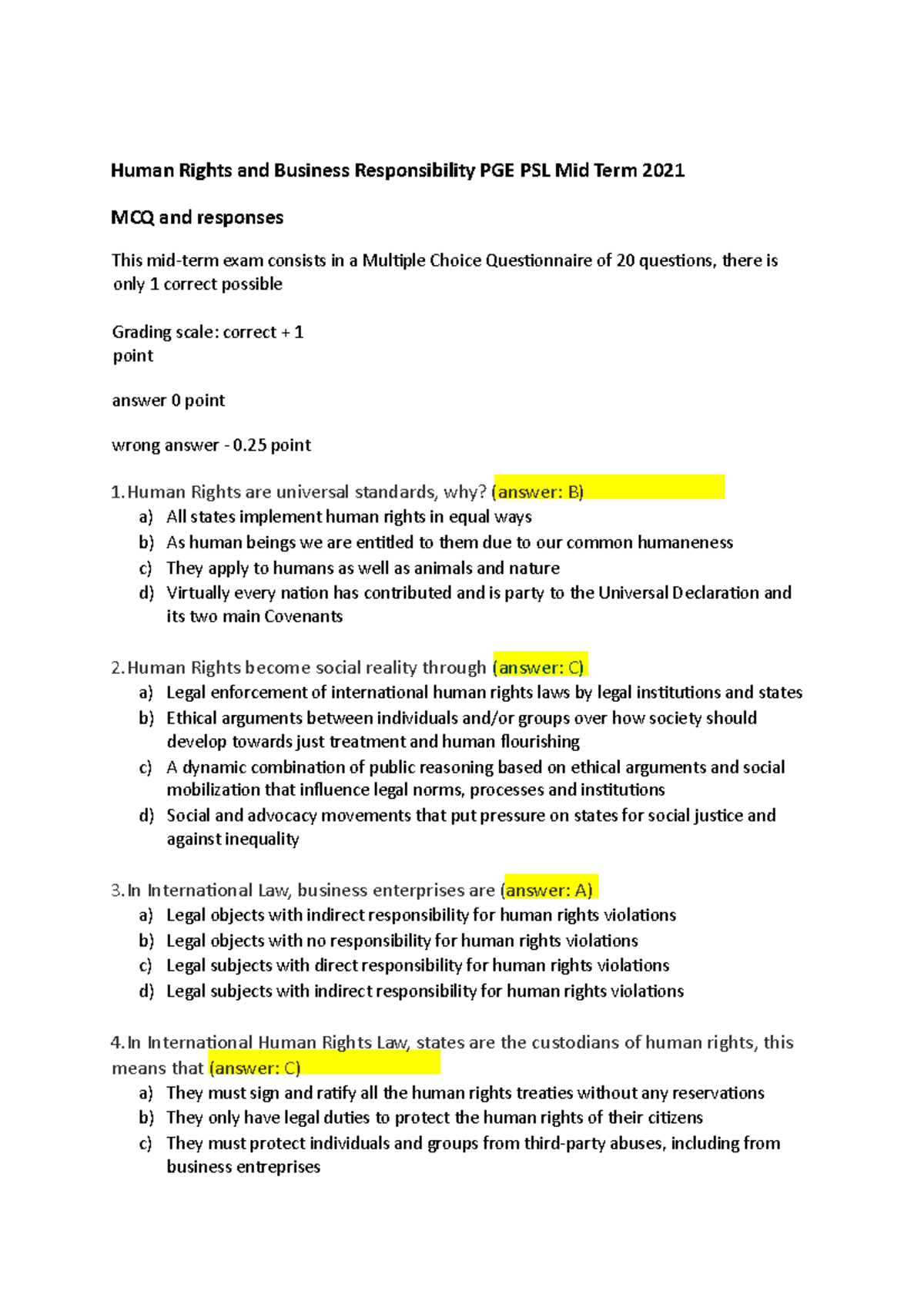 Human Rights And Business Responsibility PGE PSL Mid Term MCQ + Answers ...