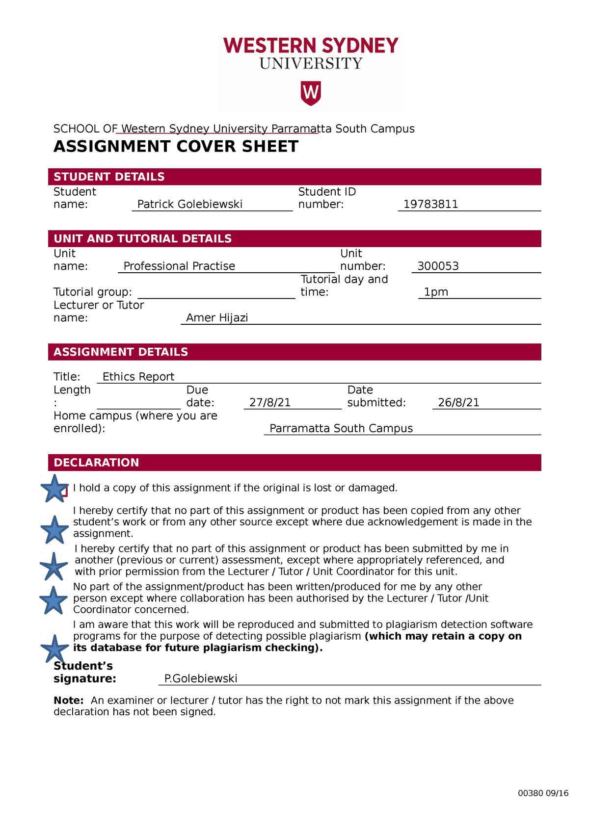 uws individual assignment cover sheet