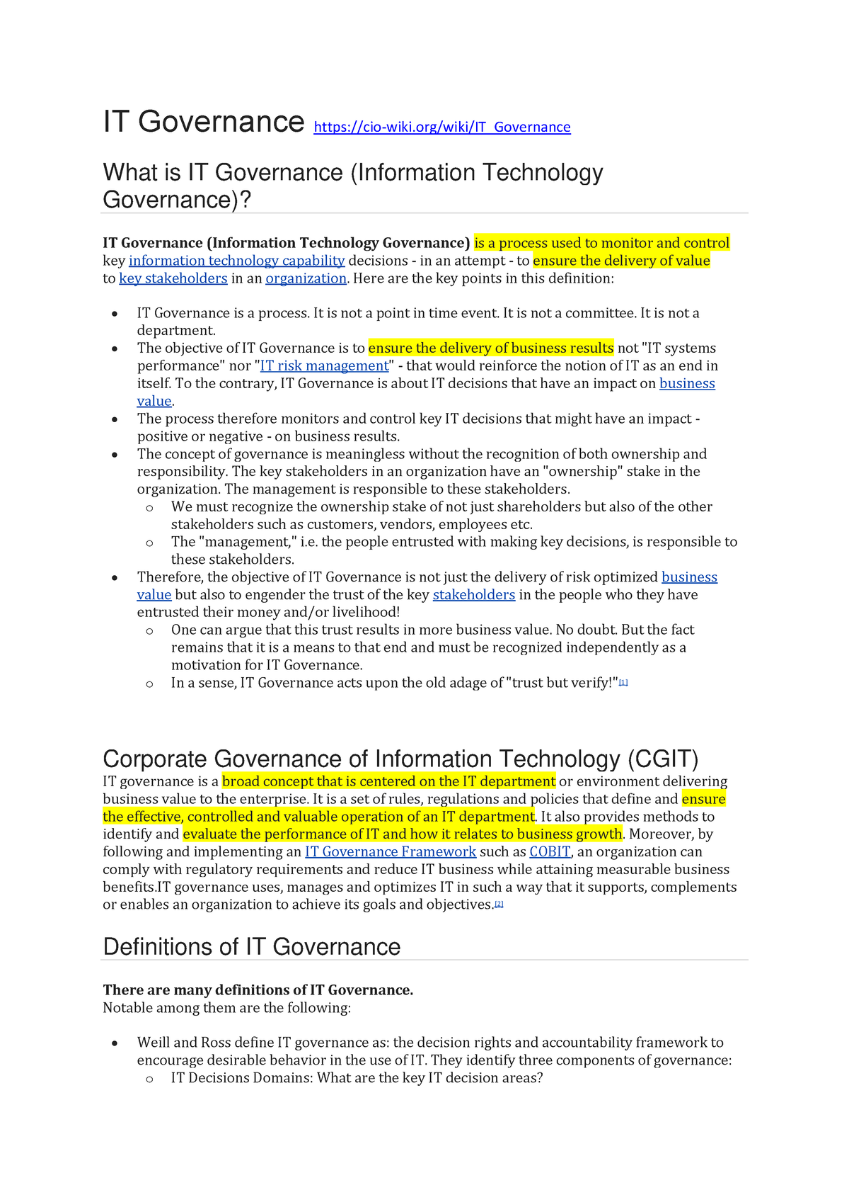 IT Governance S1 - Great notes for university work covered for students ...