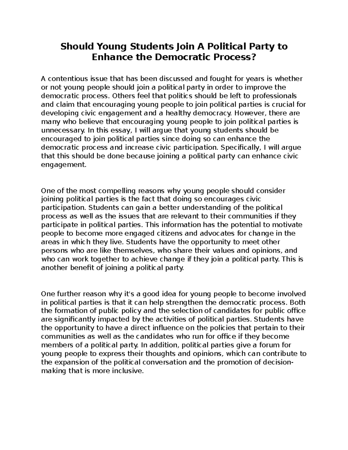 Should Young Students Join A Political Party to Enhance the Democratic ...