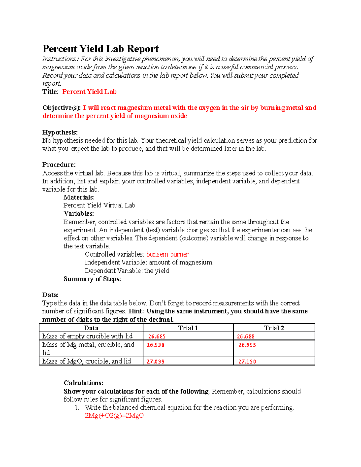 05 06 Lab Report For Chemisrty B - Percent Yield Lab Report ...