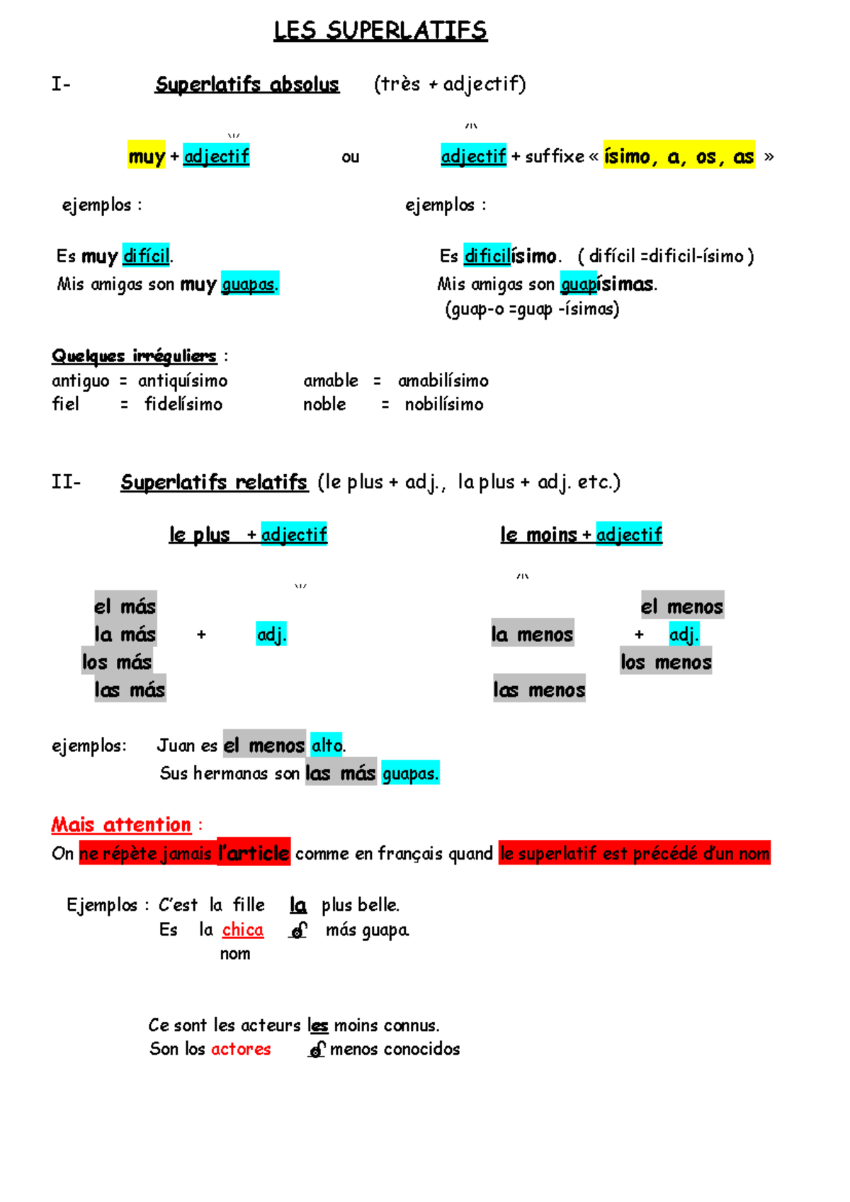 Superlatifs - parfait - LES SUPERLATIFS I- Superlatifs absolus (très ...