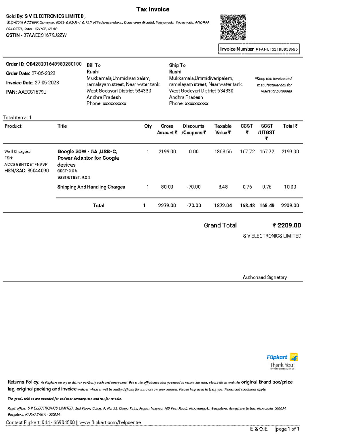 1397 - E. & O. page 1 of 1 *Keep this invoice and manufacturer box for ...