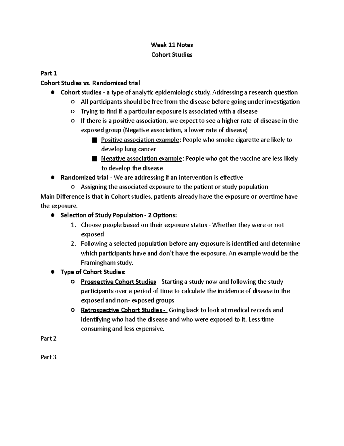 HSCI 488 Week 11 Notes - Week 11 Notes Cohort Studies Part 1 Cohort ...