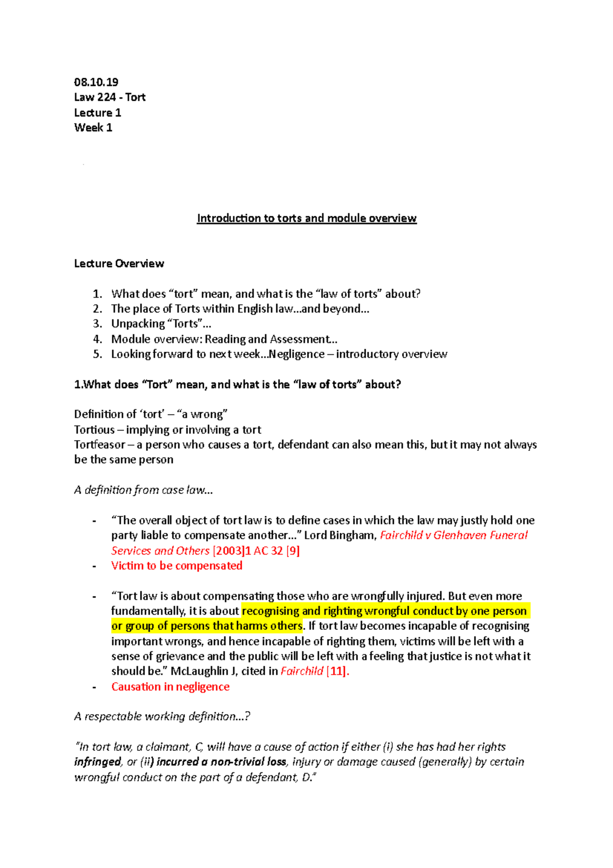 Lecture 1 - Intro To Tort Law And Module Overview - 08. Law 224 - Tort ...