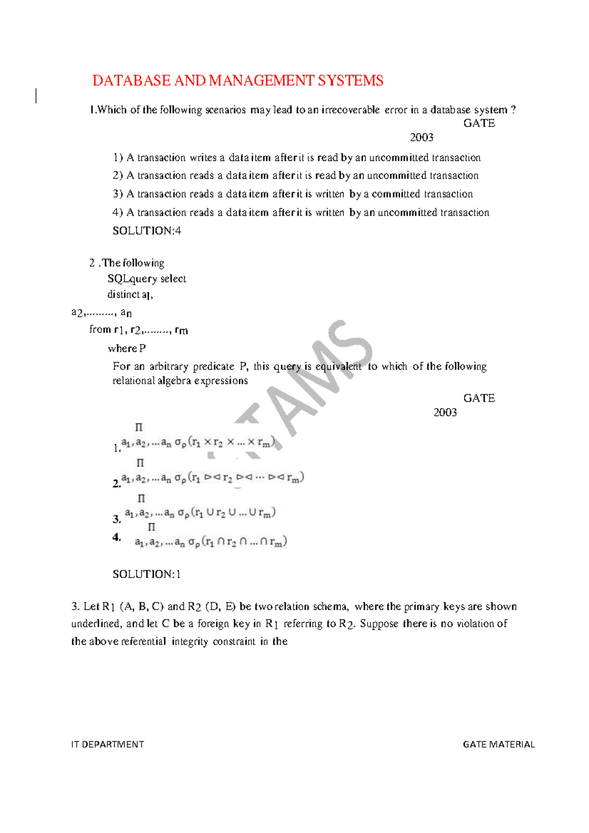 DBMS IT GATE for prepration purpose - DATABASE AND MANAGEMENT SYSTEMS 1 ...
