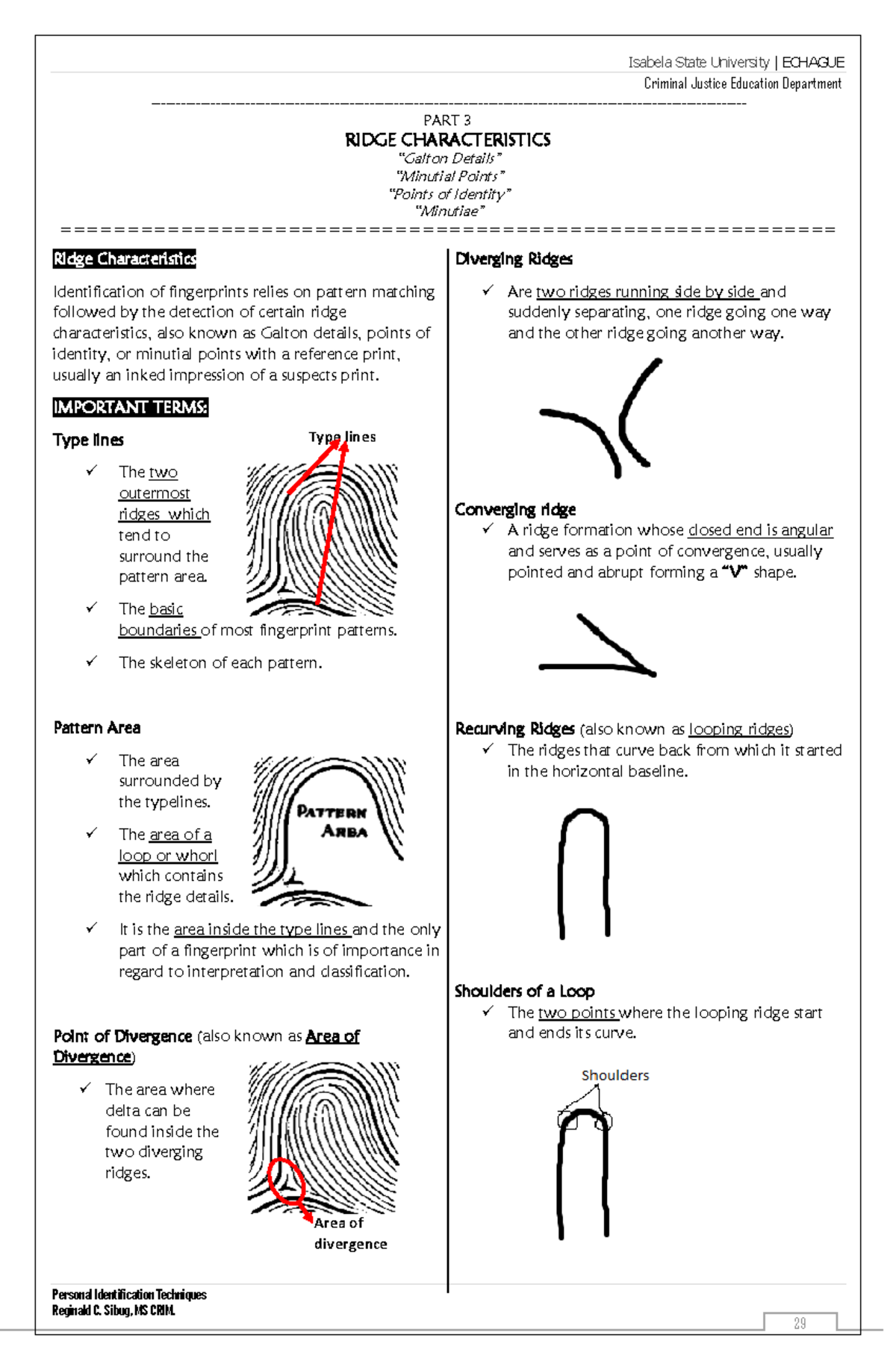 Fingerprint Ridge Characteristics Worksheet