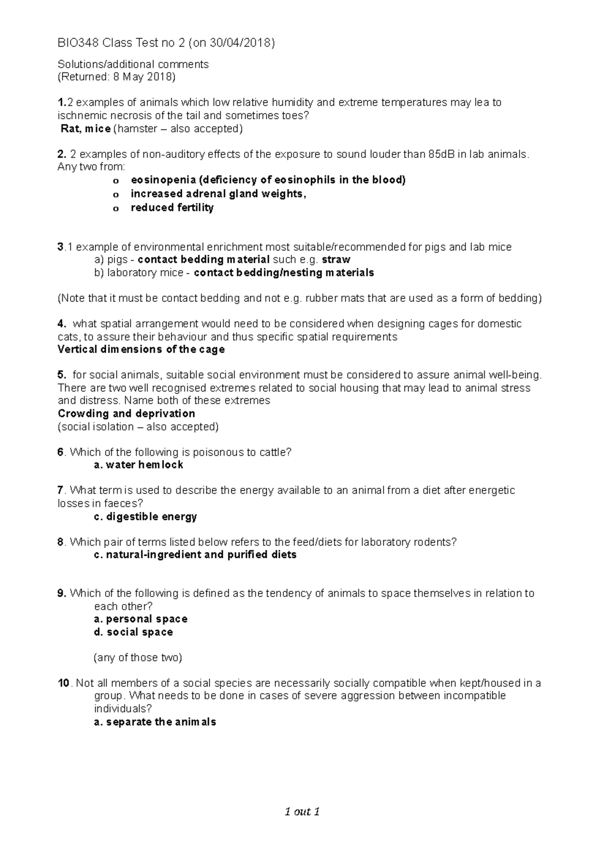 class test questions and answers - BIO348 Class Test no 2 (on 30/04 ...