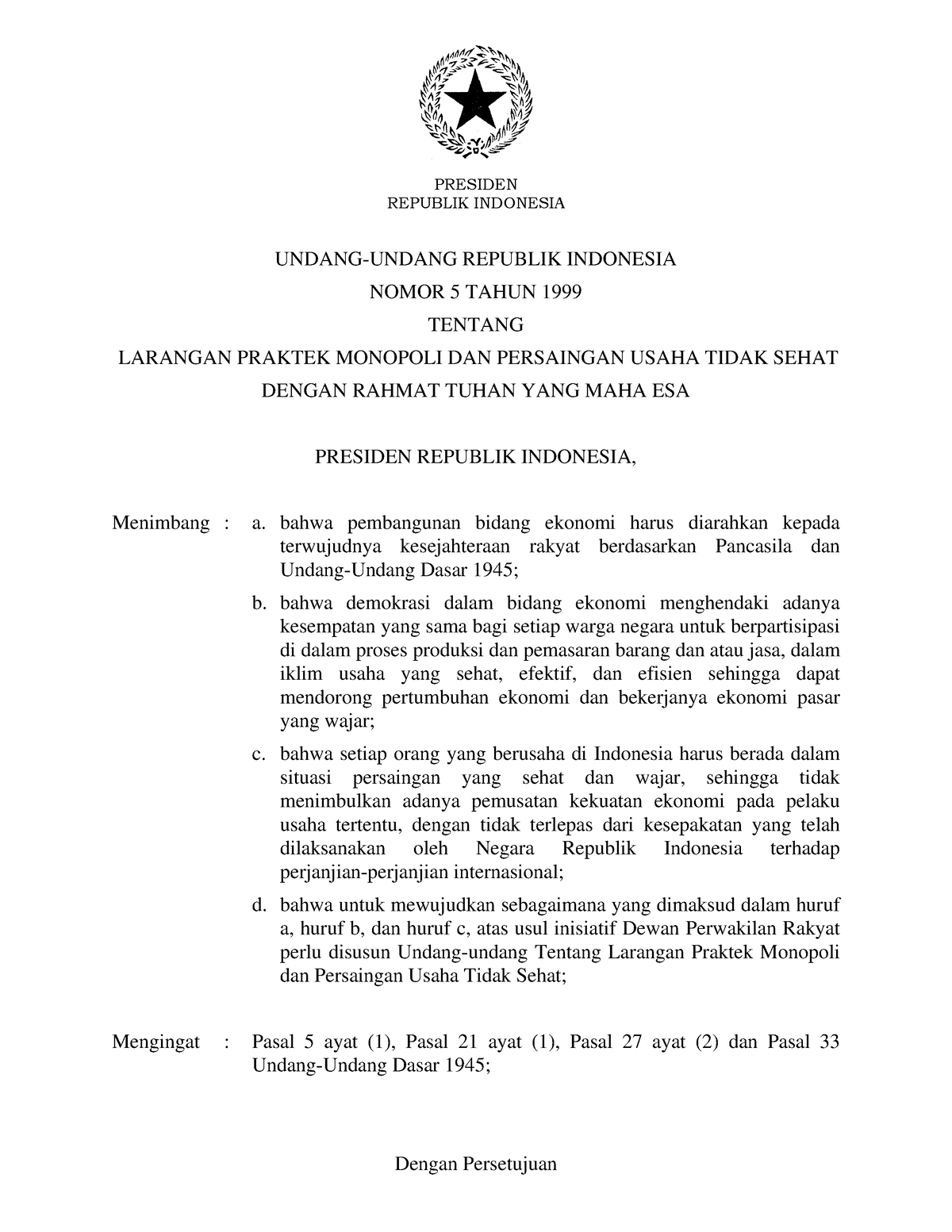 Uu Nomor 5 Tahun 1999 Republik Indonesia Undang Undang Republik Indonesia Nomor 5 Tahun 1999 5645