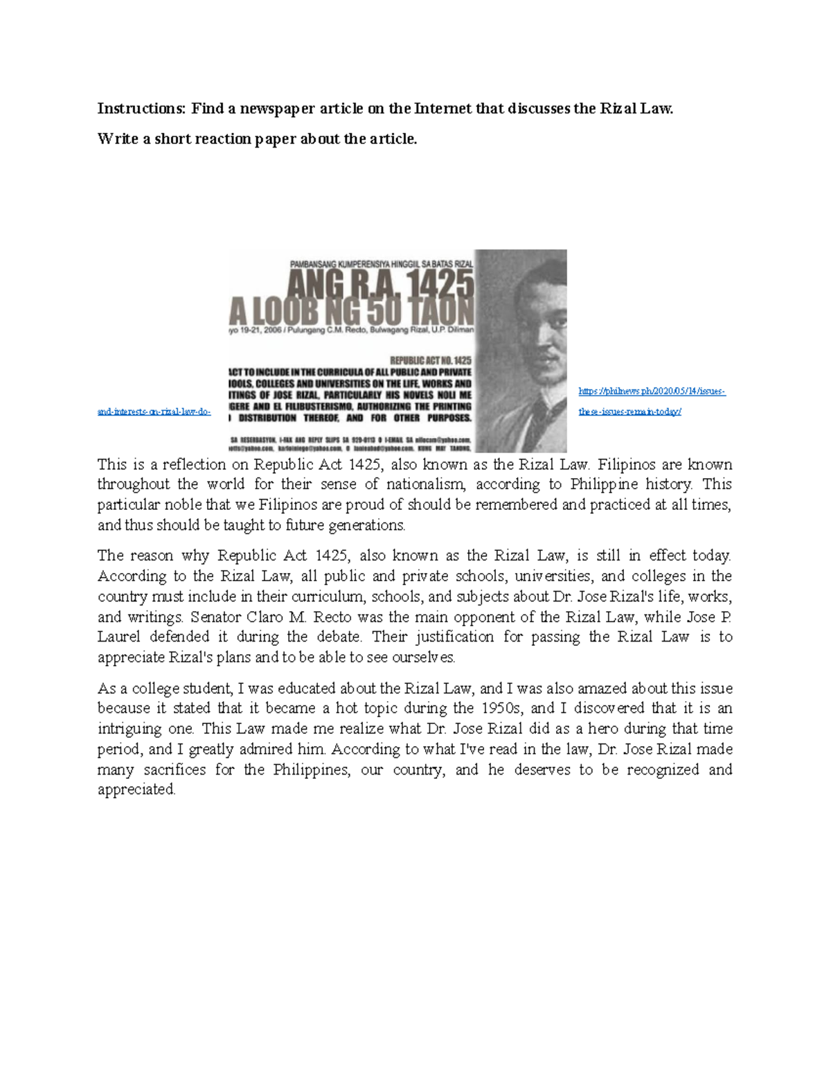 Assignment # 1 - RIZAL LIFE AND WORKS - Instructions: Find a newspaper ...