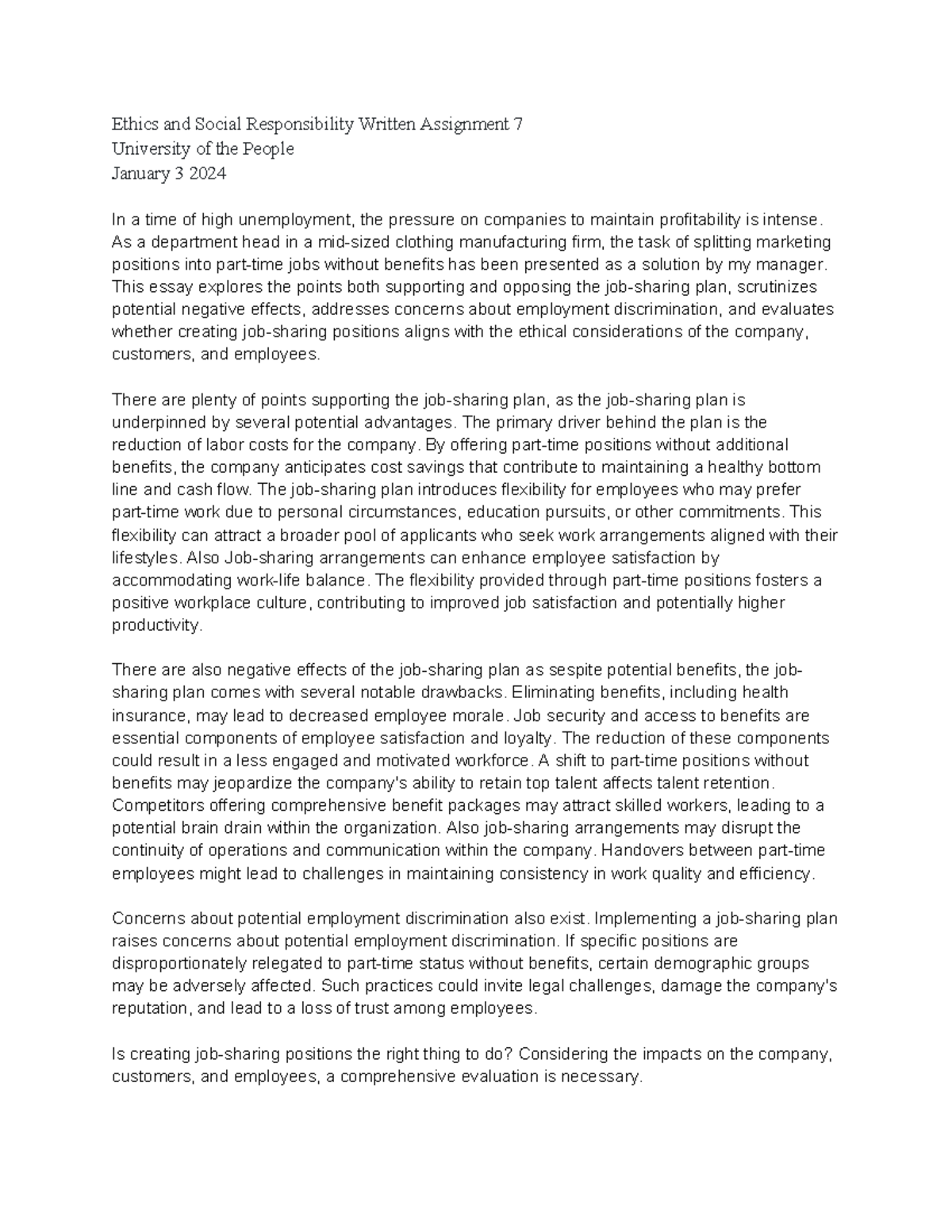 Ethics and Social Responsibility Written Assignment 7 - As a department ...