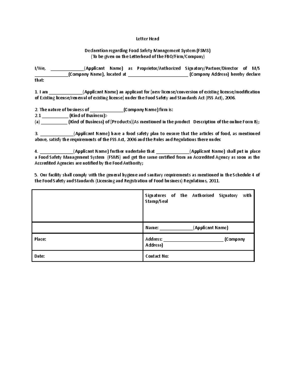 FSMS Plan - hksdhgsgdglfl - Letter Head Declaration regarding Food ...