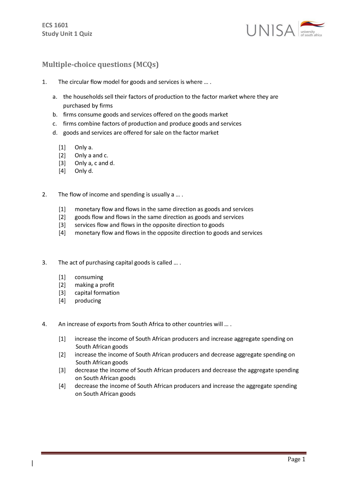 ECS1601+Unit+1+quiz - ECS 1601 Study Unit 1 Quiz Multiple-choice ...