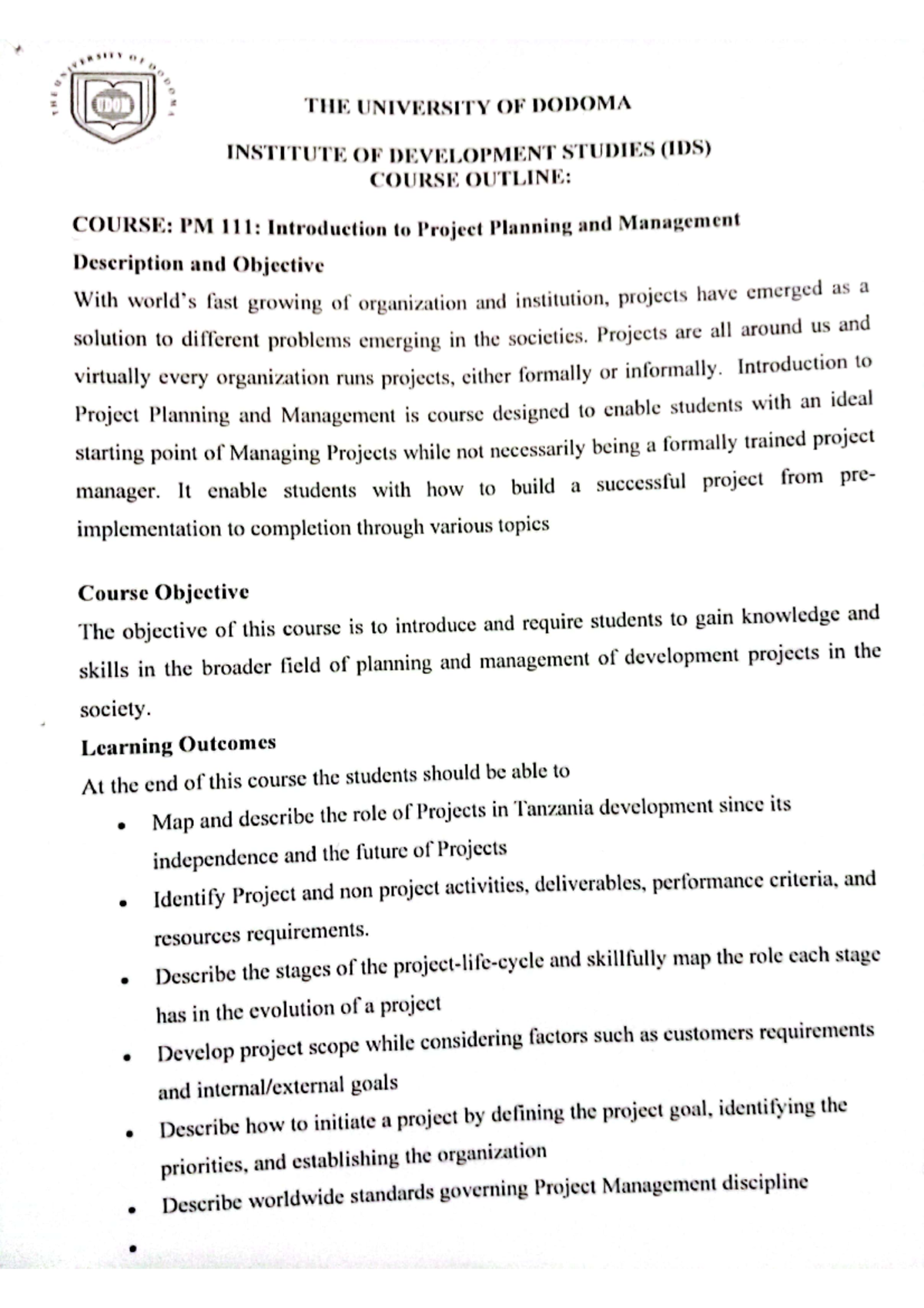 Doctor KOJO Course OUT LINE - (IDO) THE UNIVERSITY OF DODOMA INSTITUTE ...