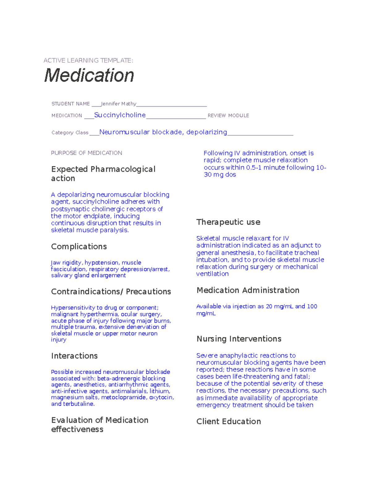 Succinylcholine - MEds - ACTIVE LEARNING TEMPLATE: Medication STUDENT ...