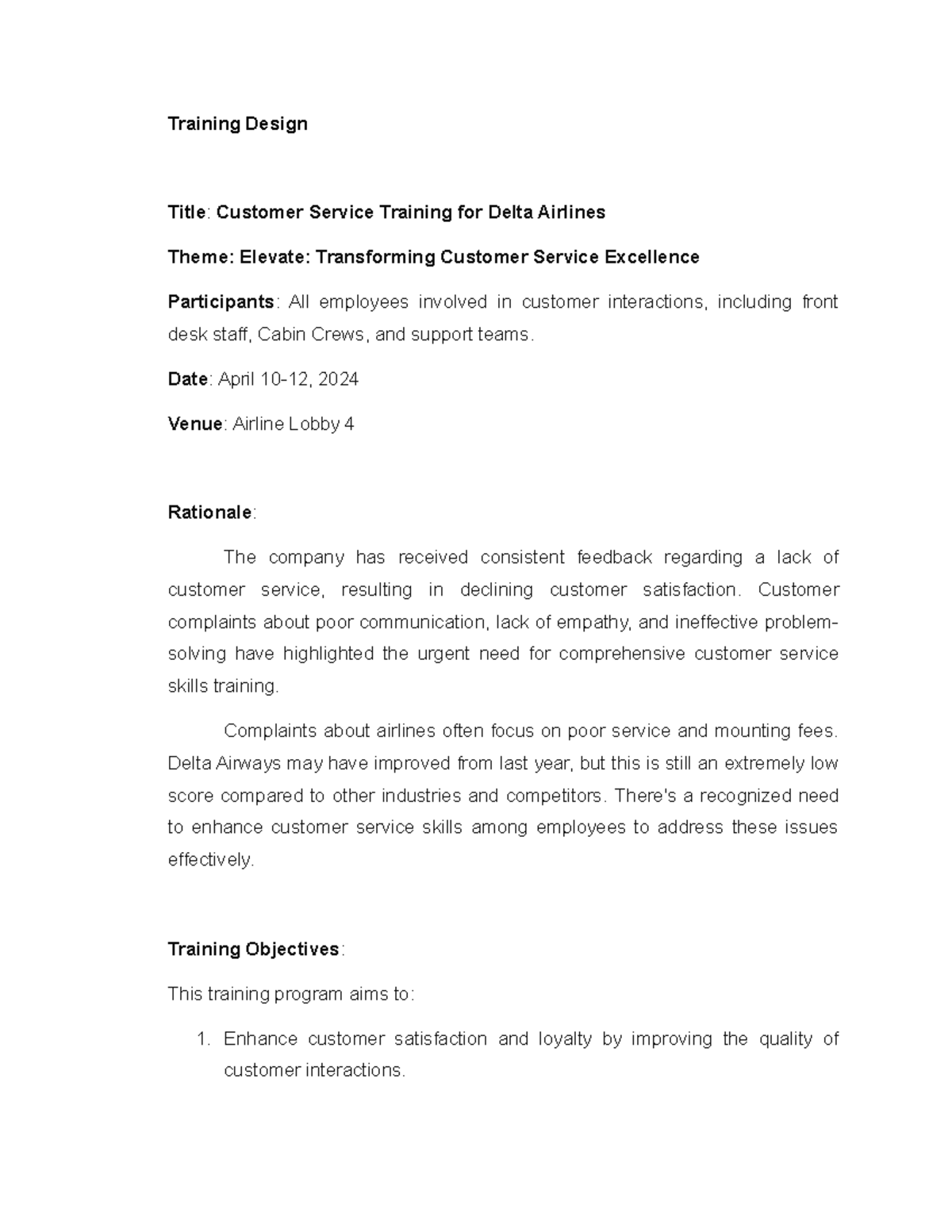Training-Design - Training Design Title: Customer Service Training for ...