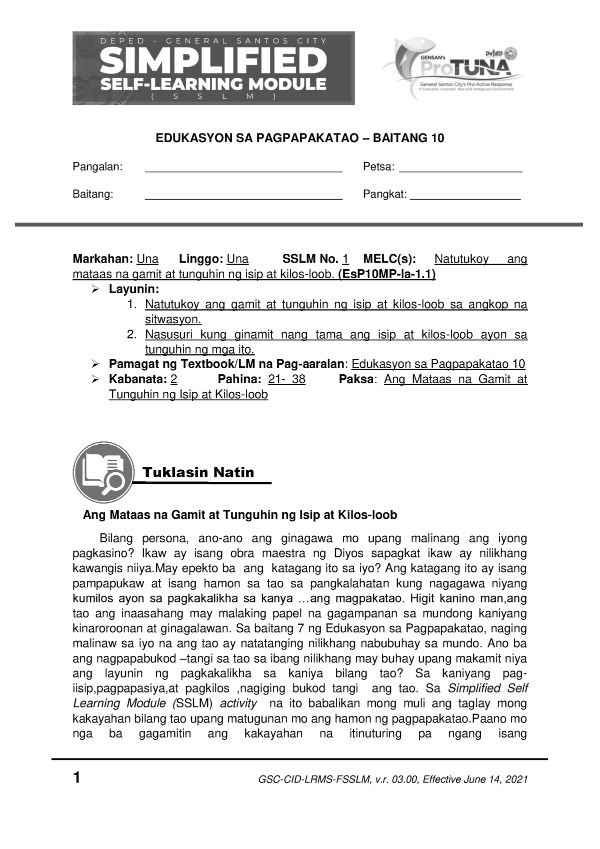 ESP 10 Quarter 1 SSLM 1 Ang Mataas Na Gamit At Tunguhin Ng Isip At ...