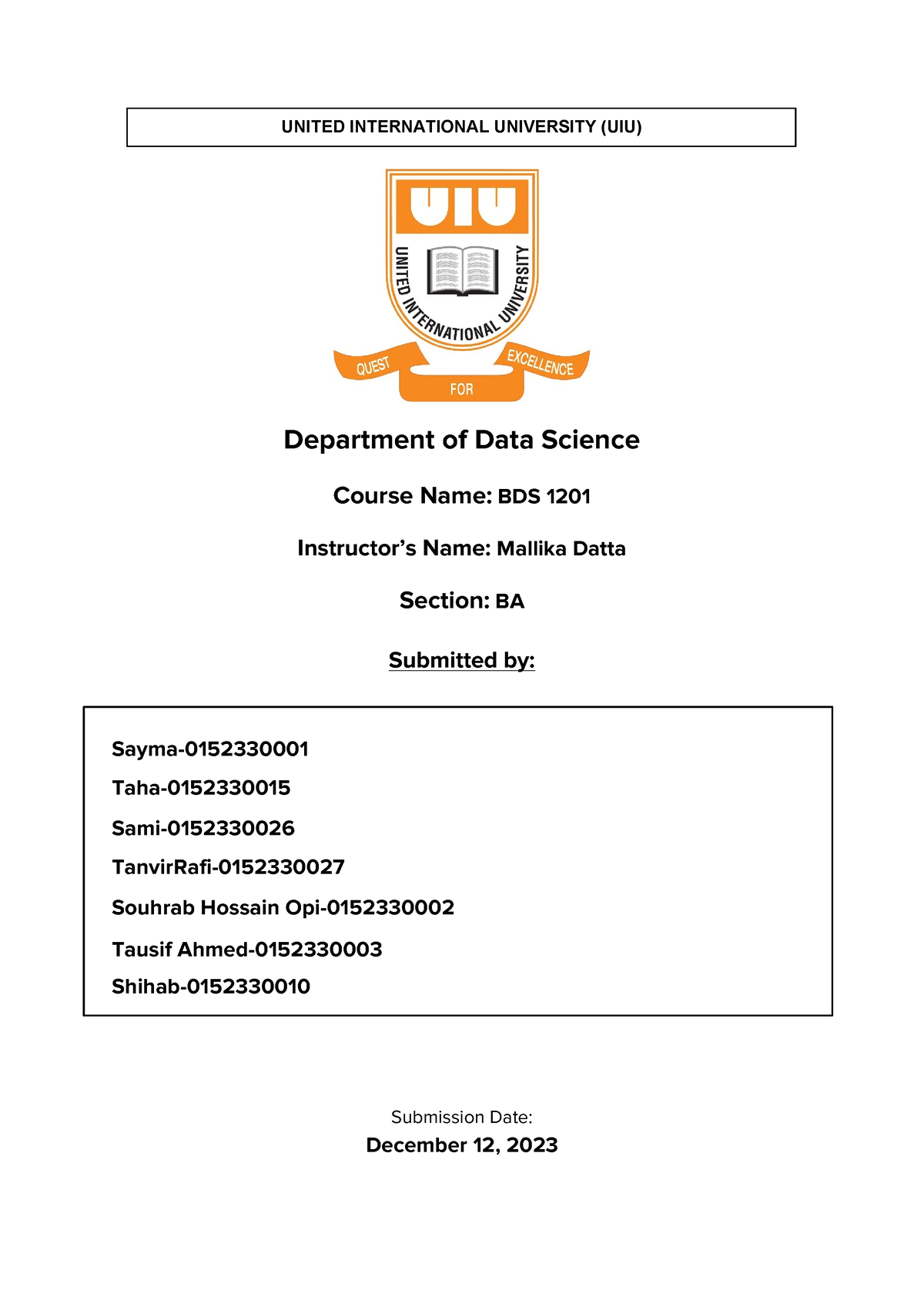 BDS Assignment - Department Of Data Science Course Name: BDS 1201 ...