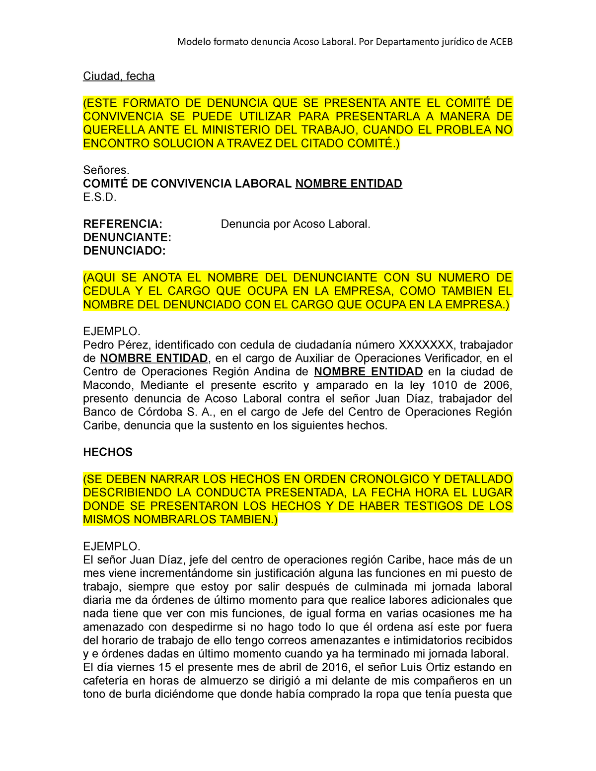 Modelo Denuncia Acoso Laboral Modelo formato denuncia Acoso