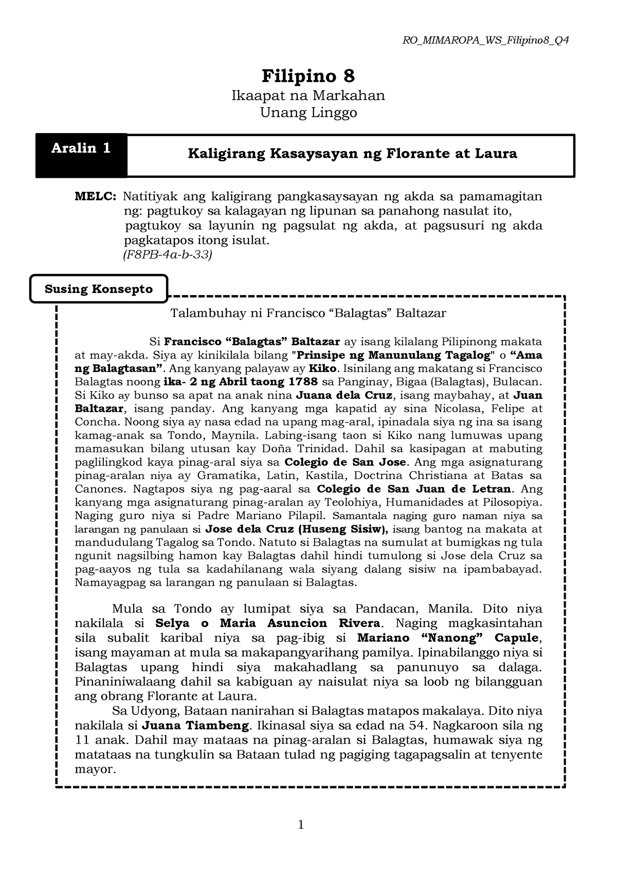 Filipino Ikaapat Na Markahan Modyul Florante At Laura 5425