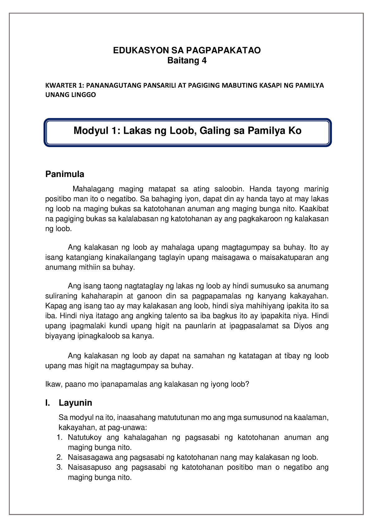Es P 4 Q1 W1 Mod1 Lakas Ng Loob Galing Sa Pamilya Ko Edukasyon Sa Pagpapakatao Baitang 4 4504