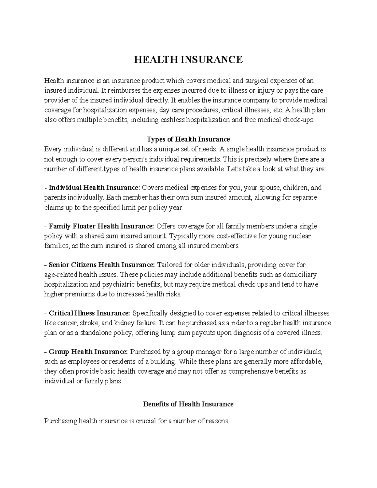 Health Insurance - HEALTH INSURANCE Health insurance is an insurance ...