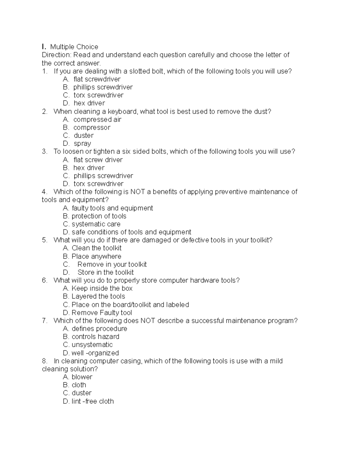 Hand tools exam - I. Multiple Choice Direction: Read and understand ...