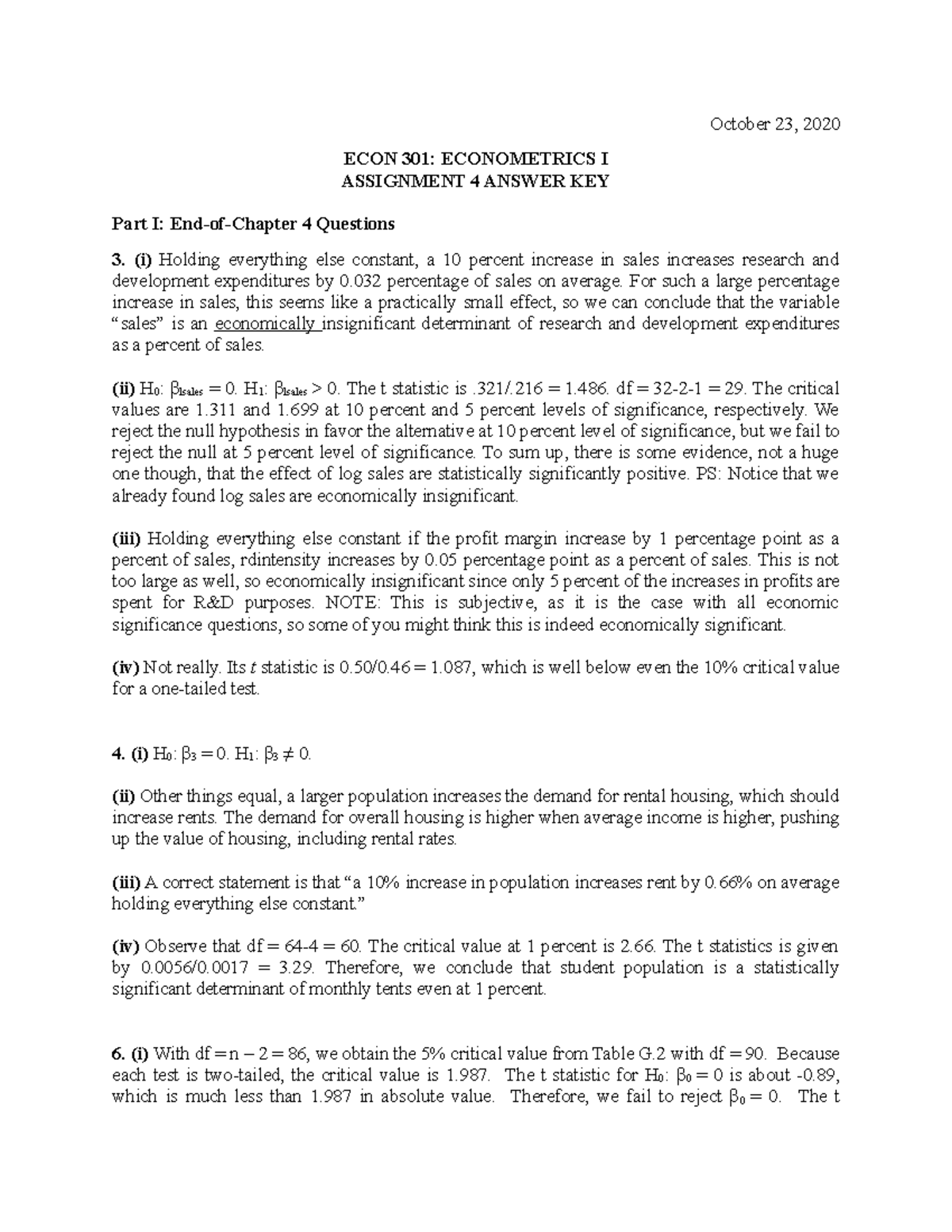 Assignment 4 Answer Key - October 23, 2020 ECON 301: ECONOMETRICS I ...