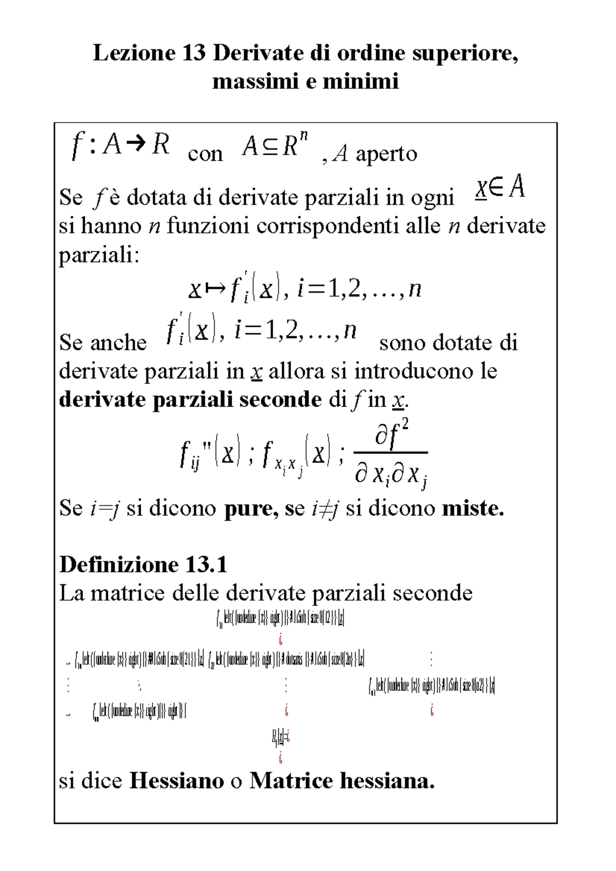 Lezione Hessiano Taylor Lezione Derivate Di Ordine Superiore