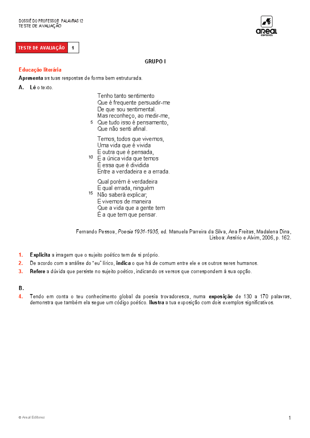 Aepal 12 teste av1 - TESTE DE AVALIAÇÃO GRUPO I Educação literária ...