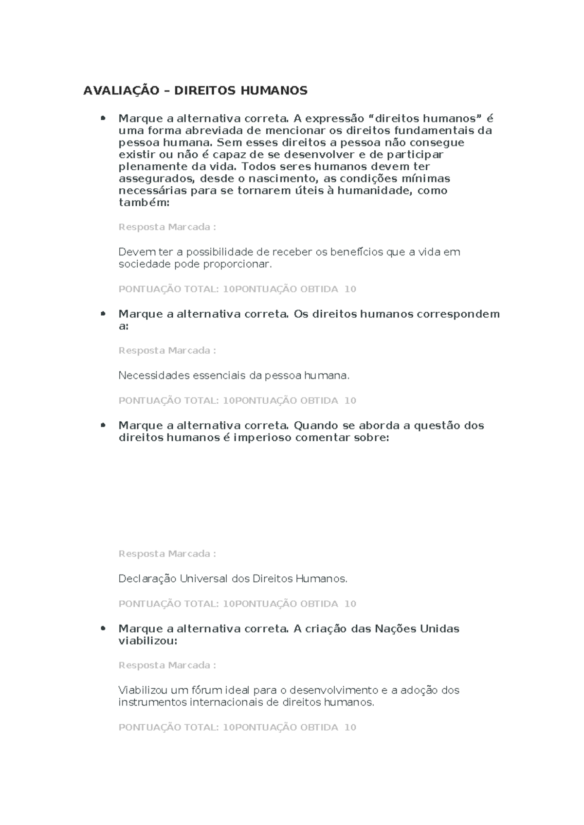 Avaliação – Direitos Humanos - AVALIAÇÃO – DIREITOS HUMANOS Marque a ...