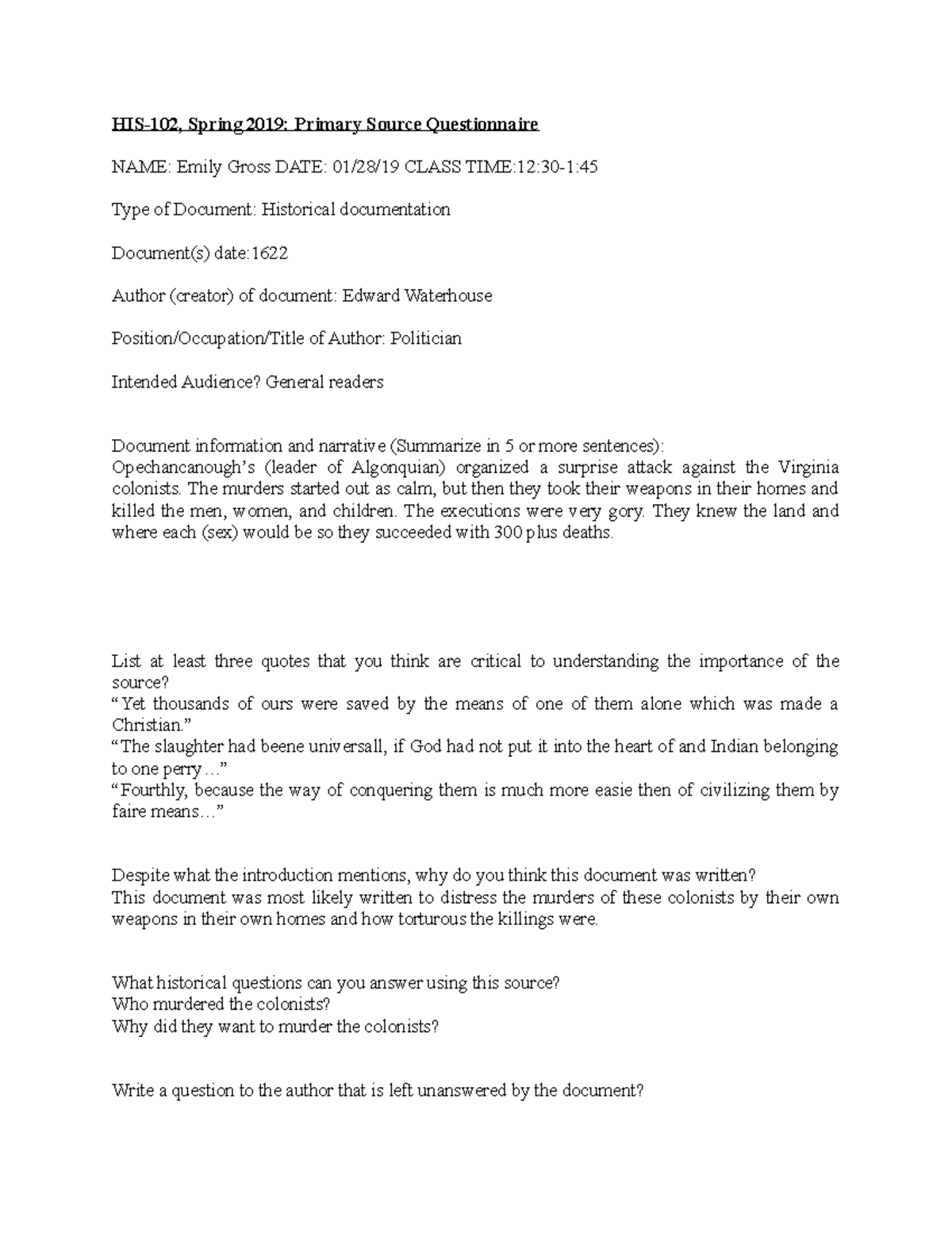 Questionairre 2of3 01:31:19 - Spring 2019: Primary Source Questionnaire ...