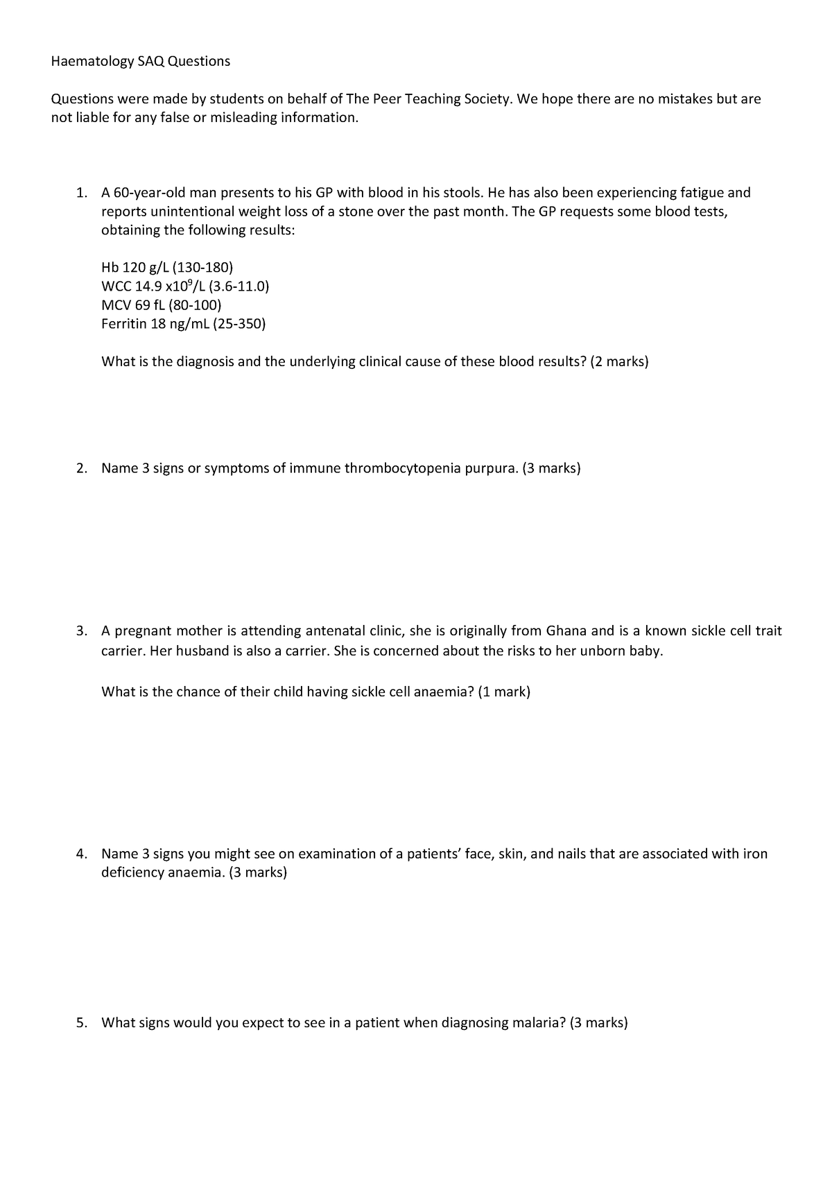 2a haematology saq questions - Haematology SAQ Questions Questions were ...