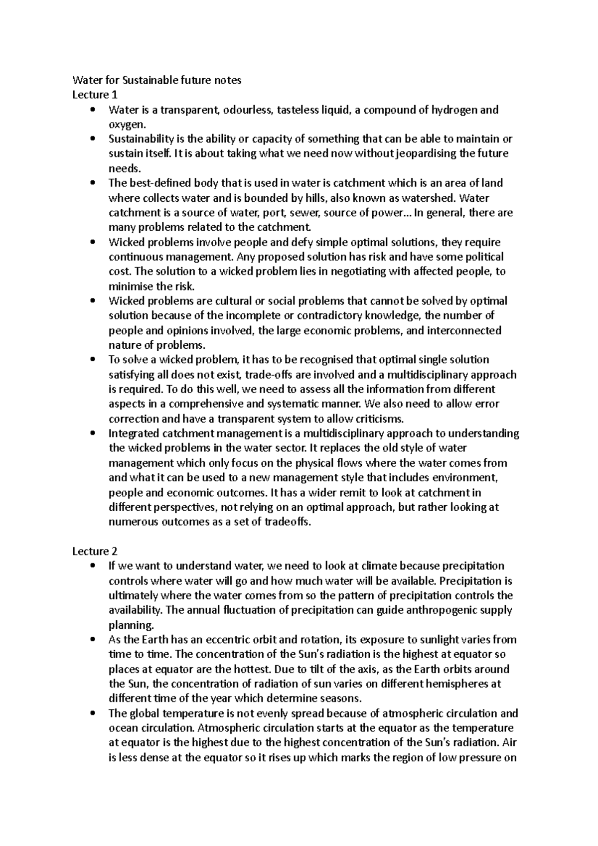 Water for Sustainable future notes - Water for Sustainable future notes ...