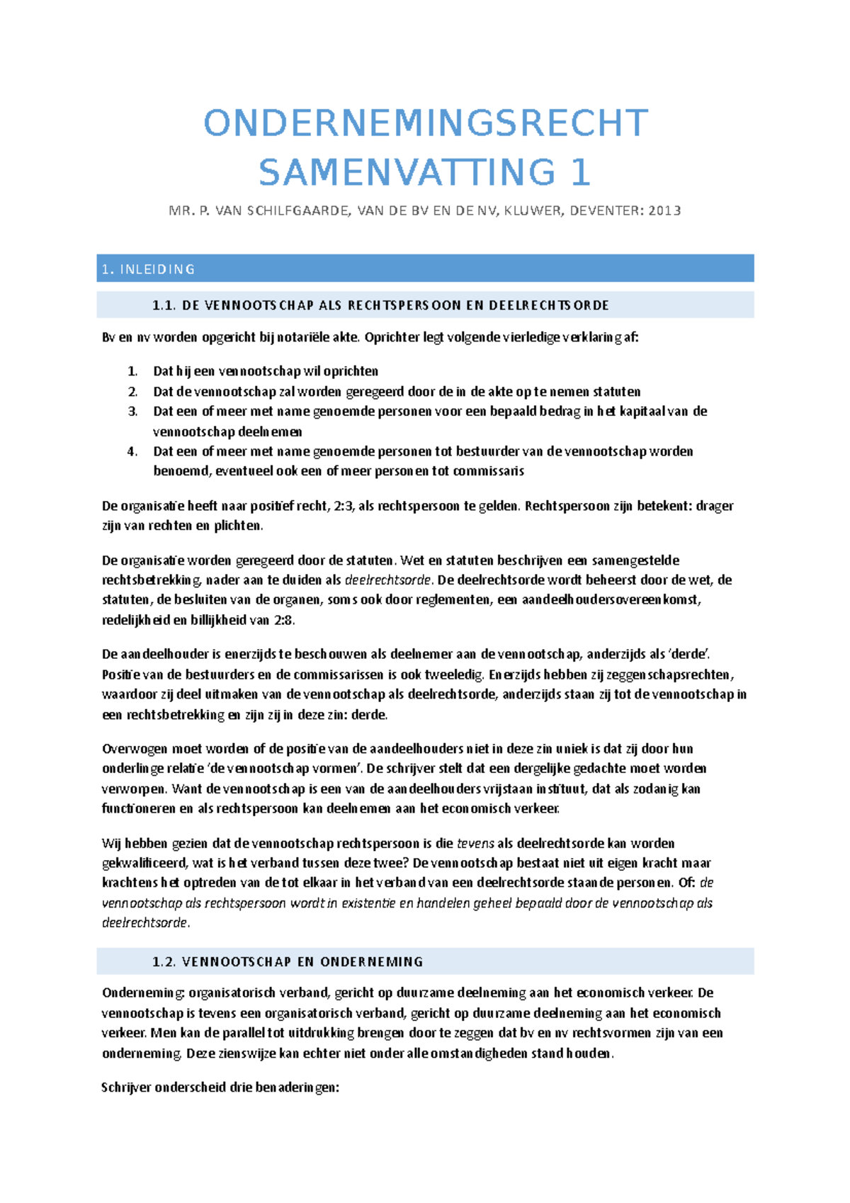 Samenvatting Van De Bv En De Nv - Samenvatting Week 1hoofdstuk 1 En 2 ...