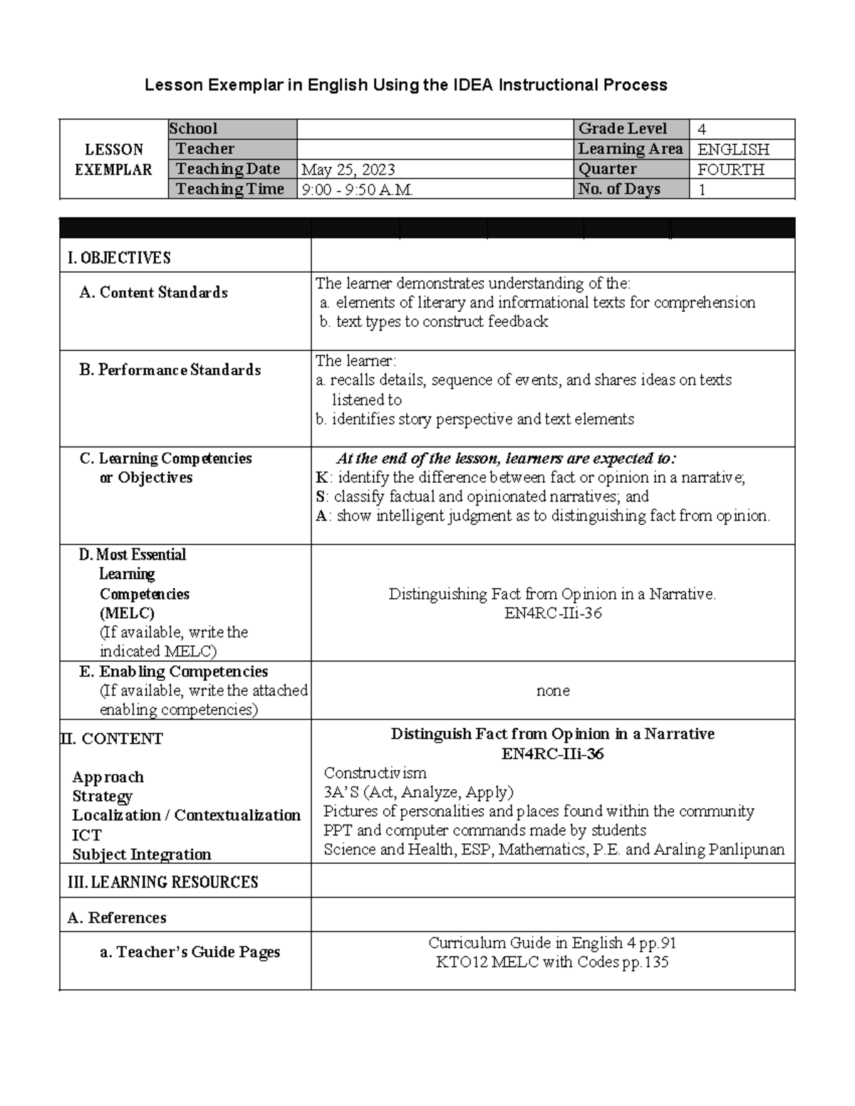 IDEA-LP- Final - Lesson Exemplar in English Using the IDEA ...