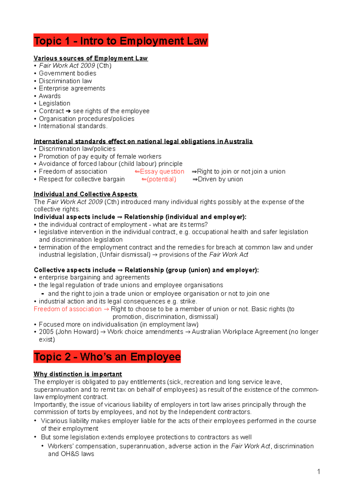 Employment Law Notes (word) - Topic 1 - Intro to Employment Law Various ...