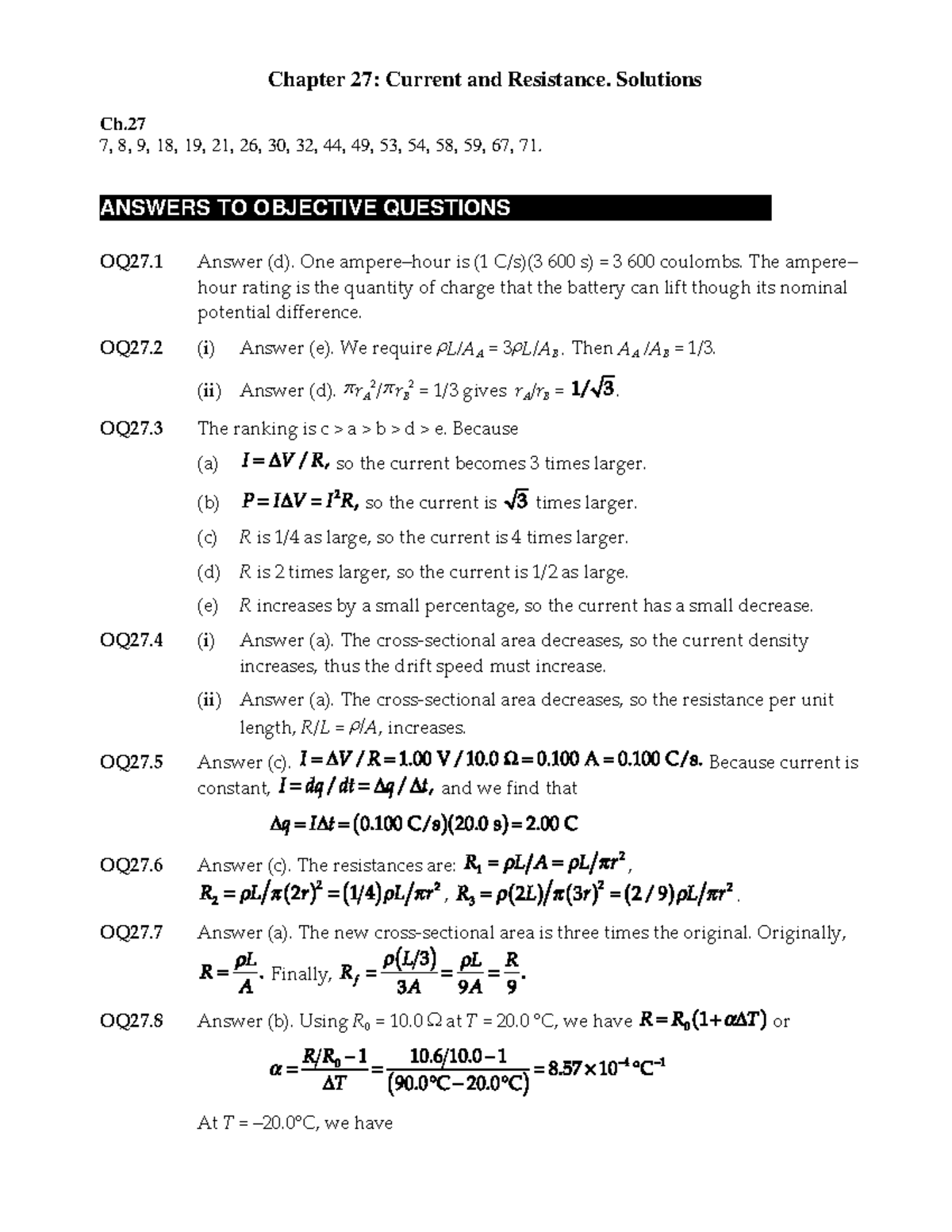 Chap 27 solutions Serway - Chapter 27: Current and Resistance ...
