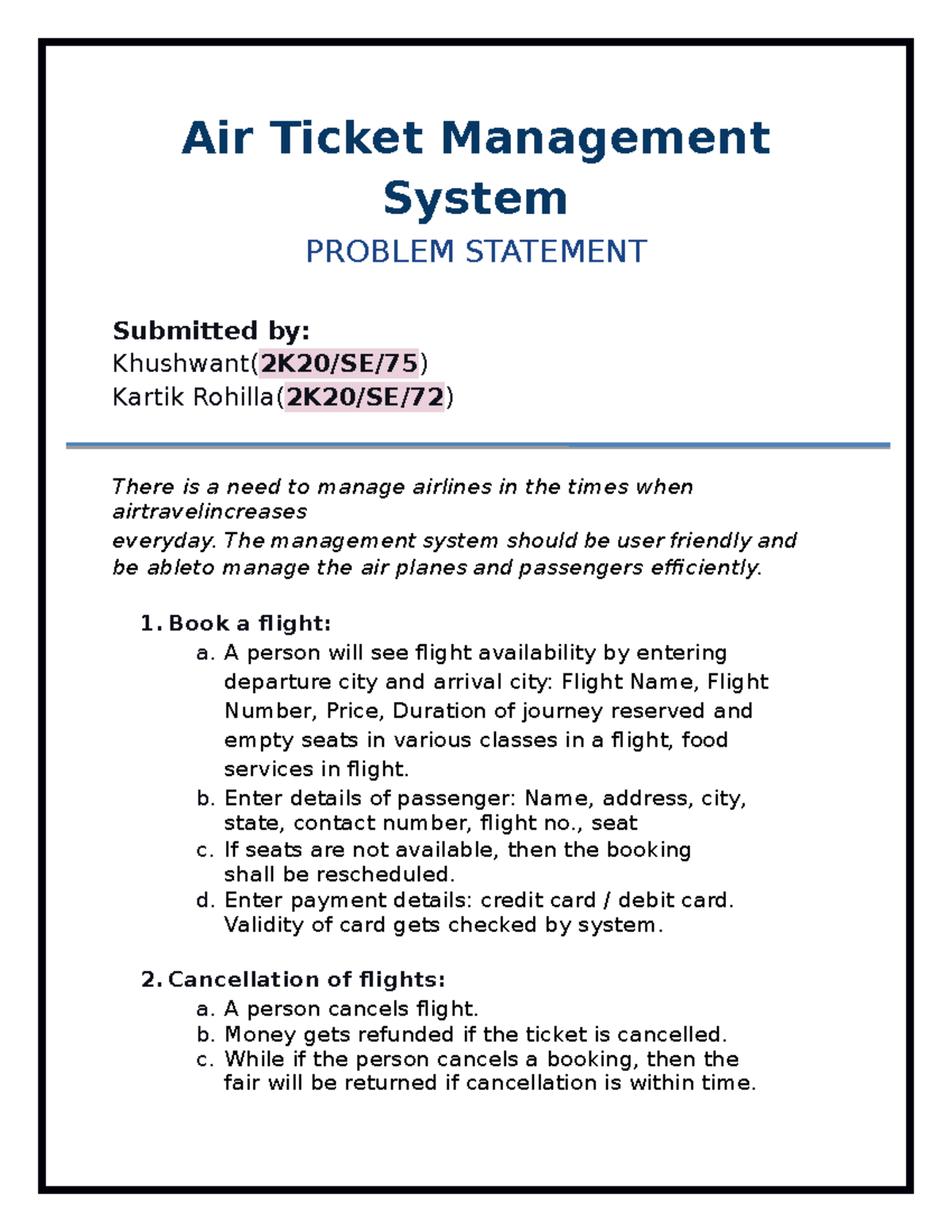 Kartik Rohilla 72 problem statement OOSE-Airline Management System ...