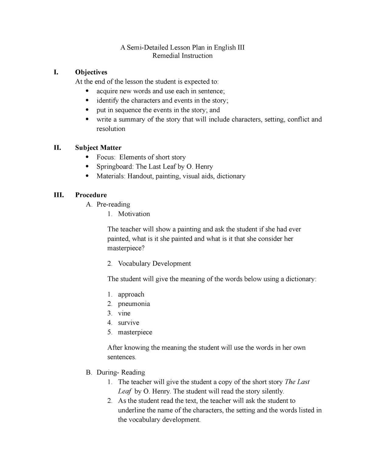 Elements Of A Short Story Lesson Planning Sample Document Bachelor Of 